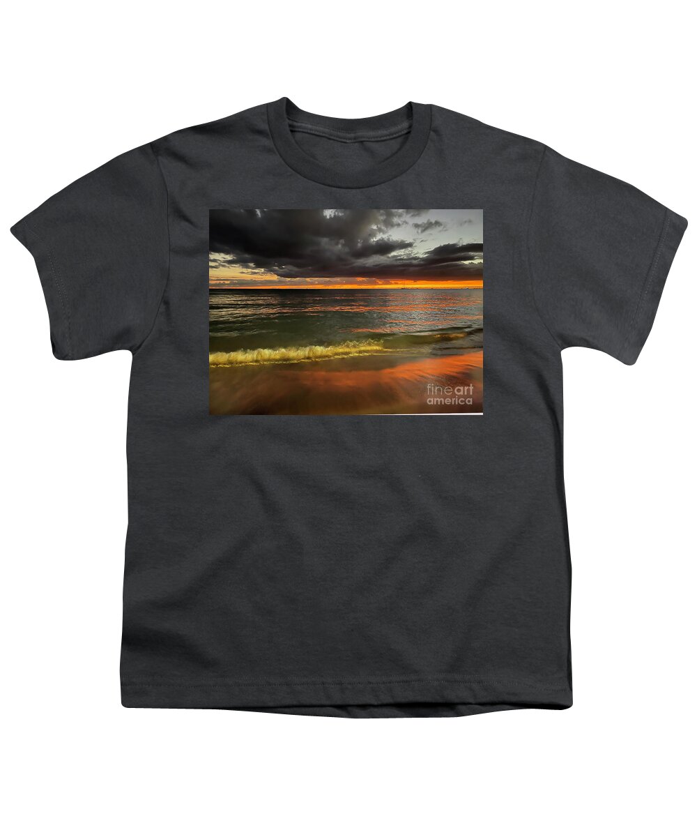Waves Youth T-Shirt featuring the photograph Dramatic Hawaiian Sunset by Mary Jane Armstrong