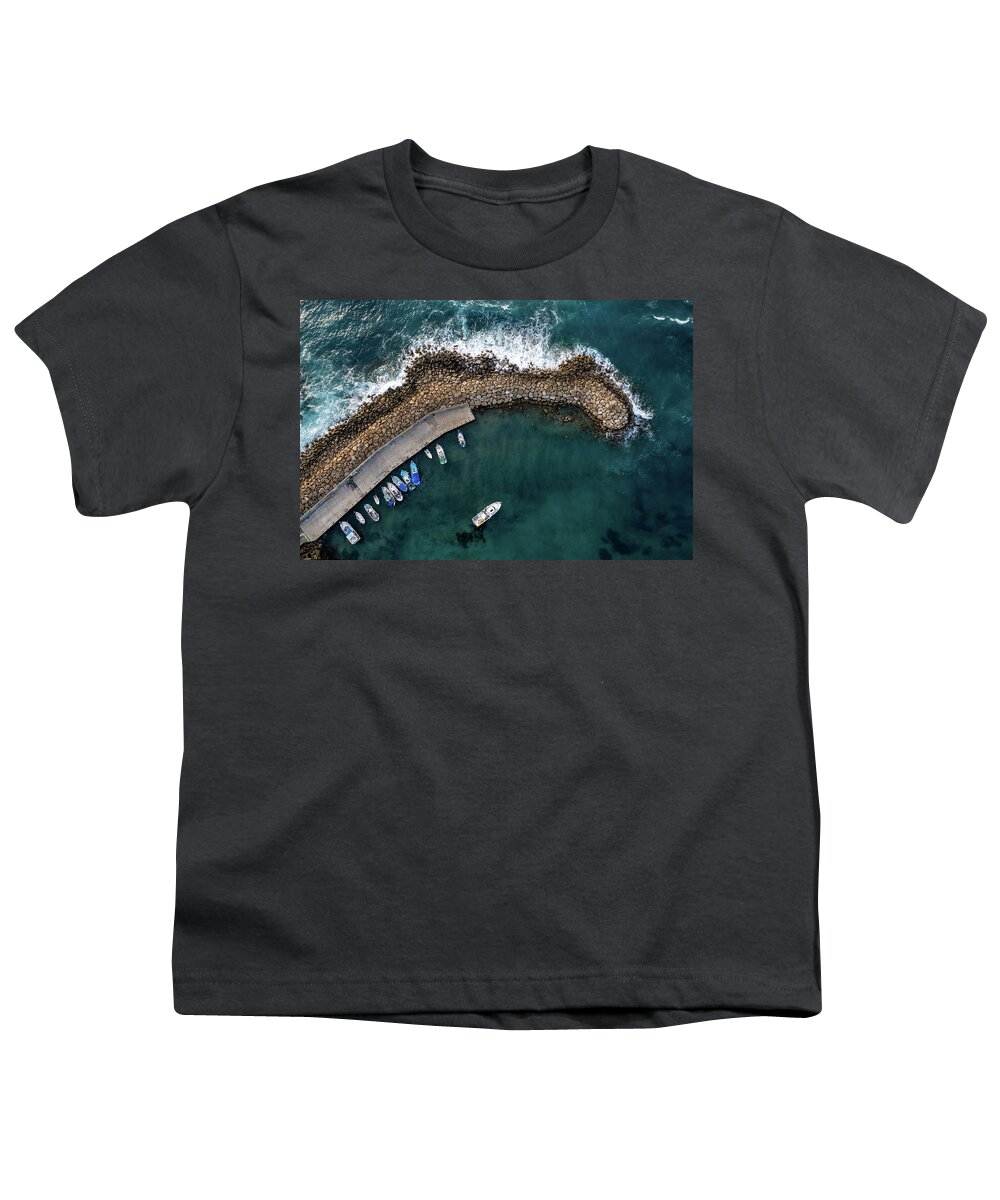 Fishing Harbor Youth T-Shirt featuring the photograph Drone aerial fishing harbour with boats stormy waves, blue sea by Michalakis Ppalis