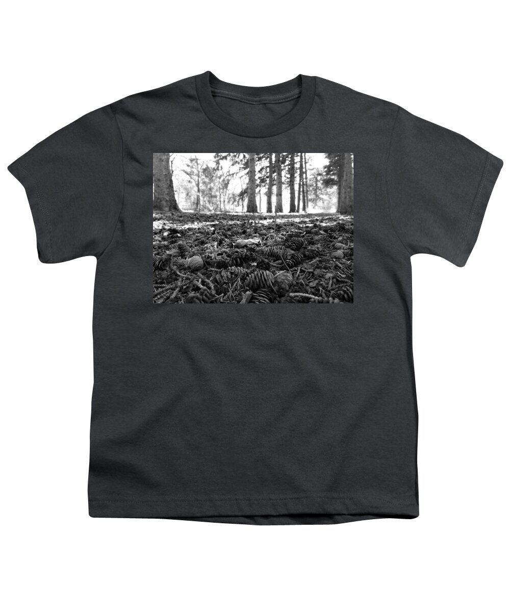 Pine Cones Youth T-Shirt featuring the photograph Dropped From Above in Black and White by Amanda R Wright