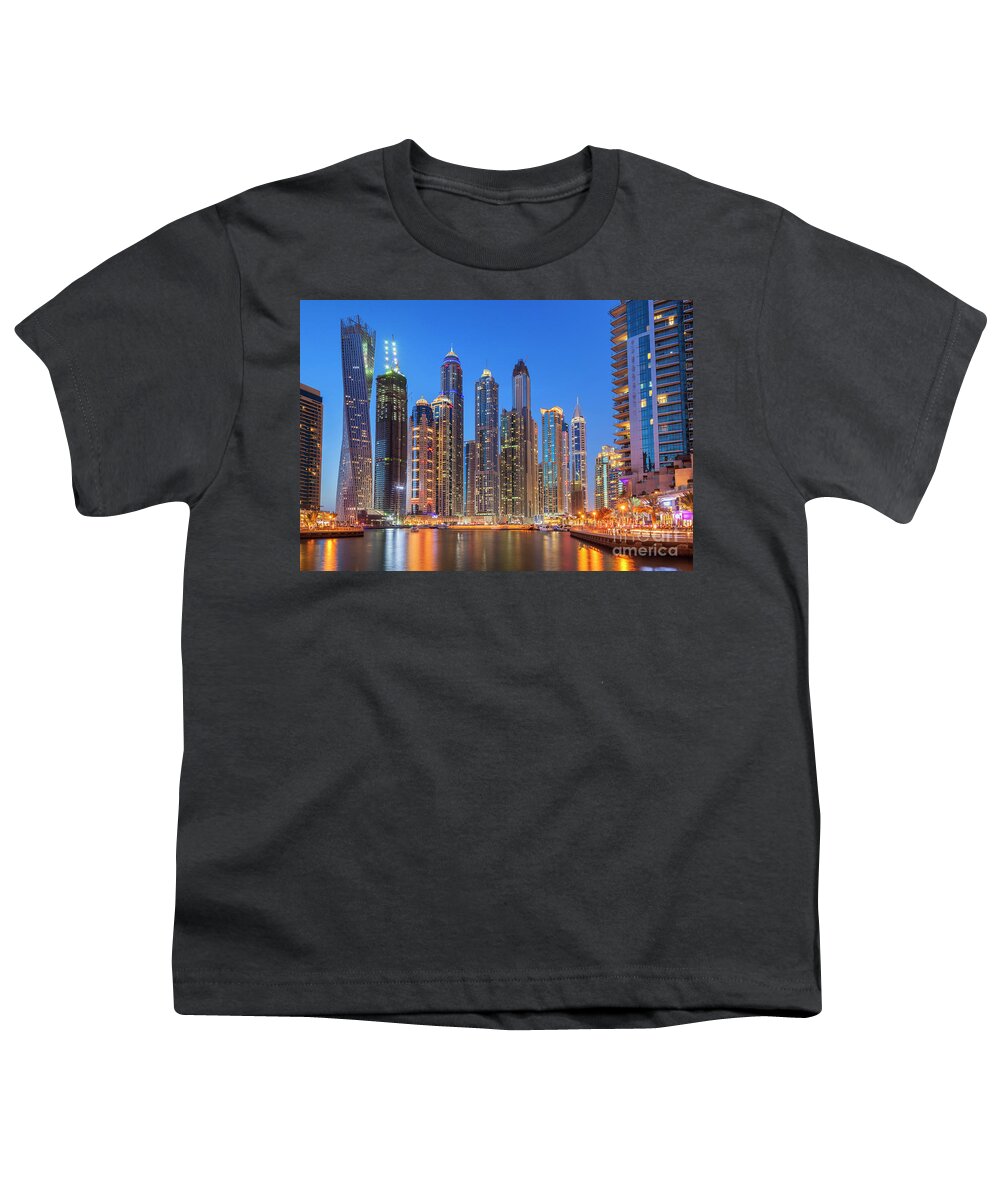 Dubai Skyline Night Youth T-Shirt featuring the photograph Dubai Marina Skyline at night by Neale And Judith Clark