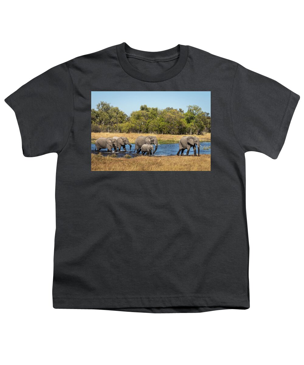 African Elephants Youth T-Shirt featuring the photograph Elephants Crossing the River by Elvira Peretsman