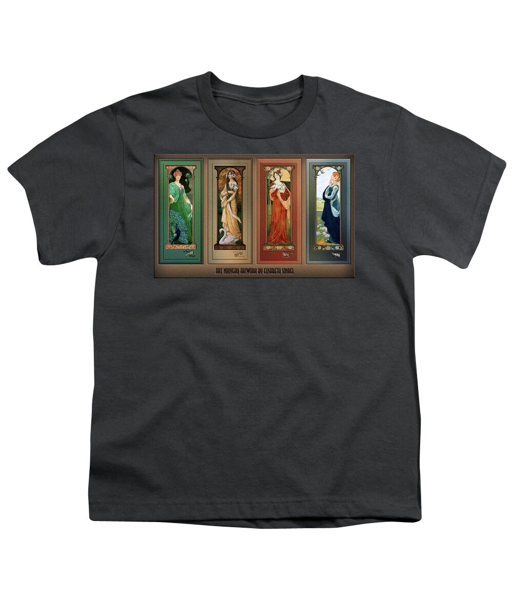 Peacock Youth T-Shirt featuring the painting Elisabeth Sonrel Art Nouveau Maiden Bird Series by Rolando Burbon