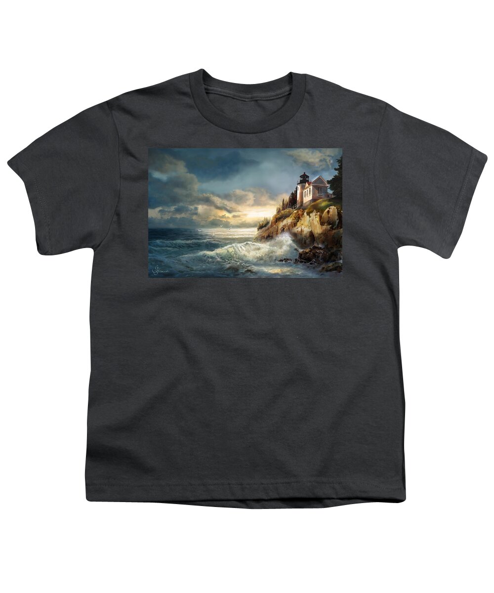 Famous Bass Harbor Head Lighthouse Oil Painting Youth T-Shirt featuring the painting Fading light, Bass Harbor Head Lighthouse by Regina Femrite