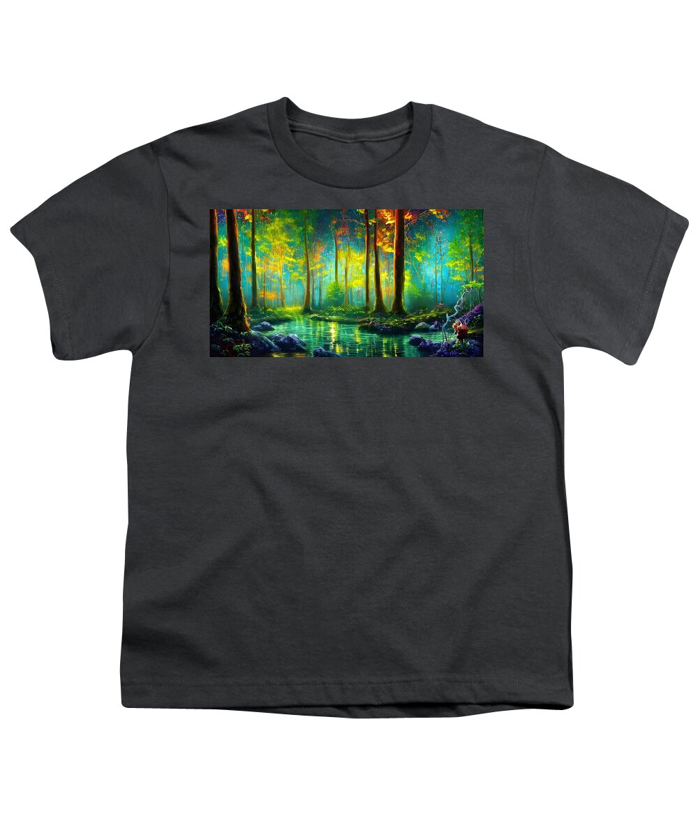 Digital Youth T-Shirt featuring the digital art Fantasy Forest with Pond by Beverly Read