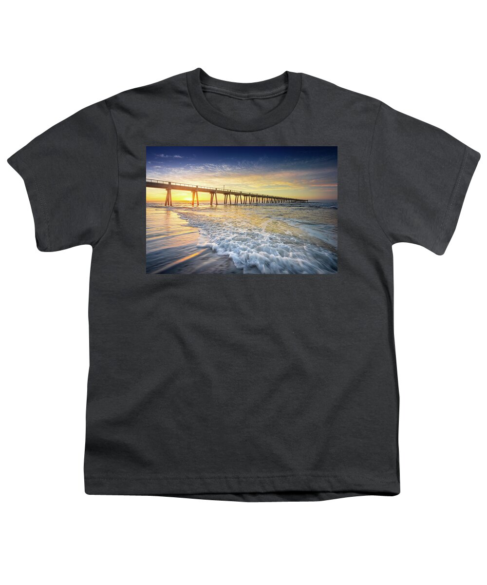 Pier Youth T-Shirt featuring the photograph Fishing Pier Navarre Beach Florida Waves Sunrise. by Jordan Hill