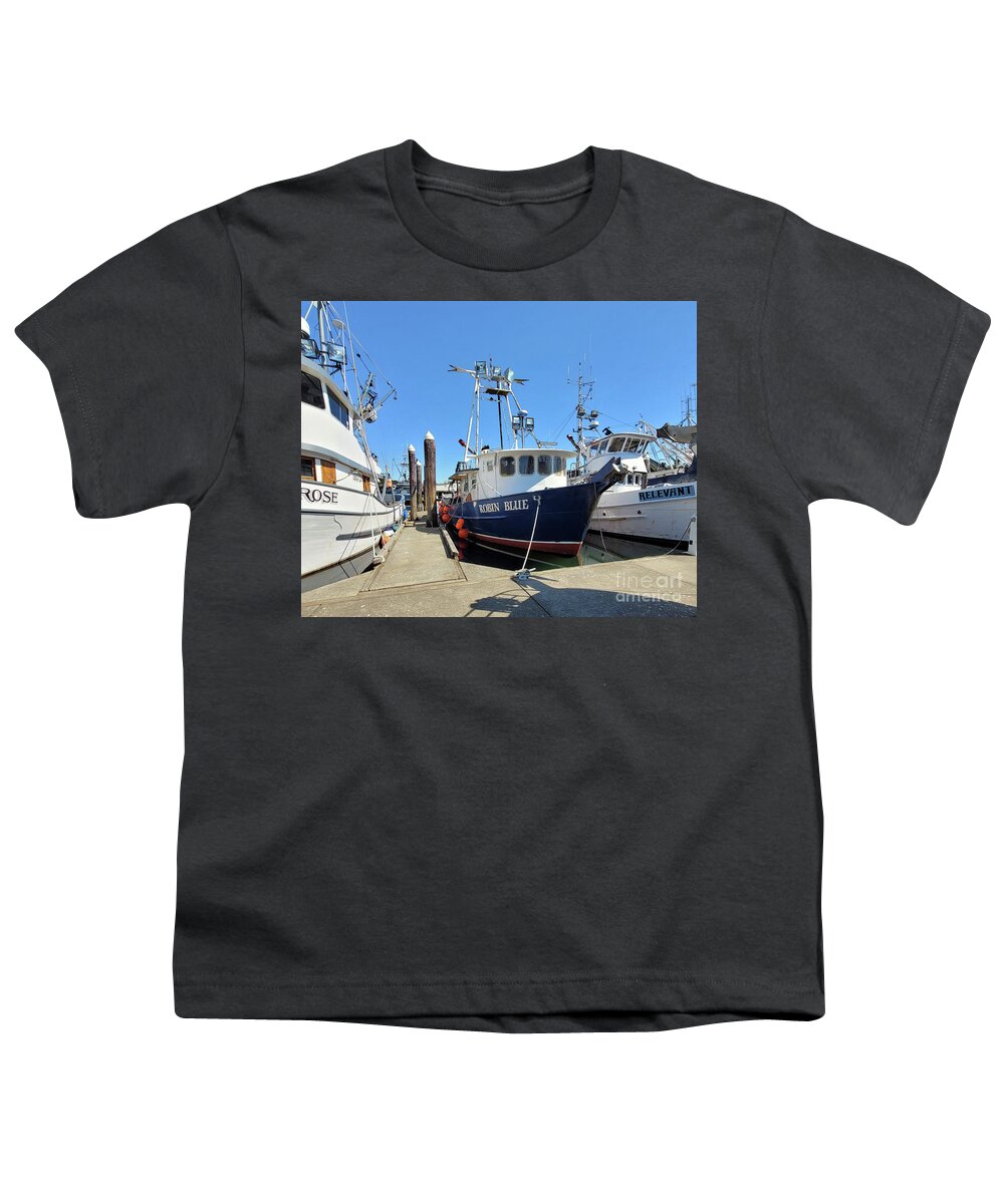 Fishing Vessel Robin Blue Moored By Norma Appleton Youth T-Shirt featuring the photograph Fishing Vessel Robin Blue Moored by Norma Appleton