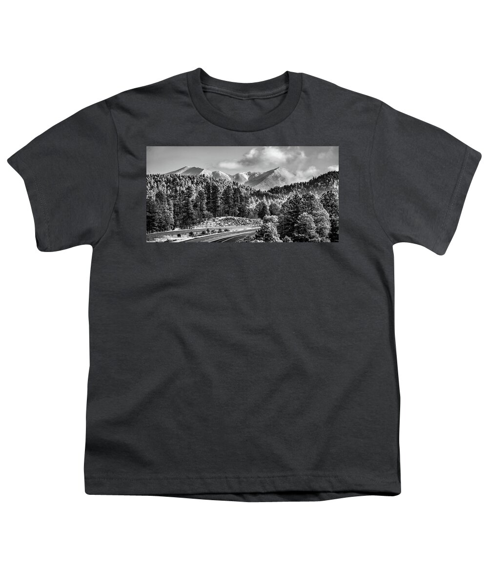 Flagstaff Arizona Youth T-Shirt featuring the photograph Flagstaff Arizona Snowy Elden Mountain Peak Monochrome Panorama by Gregory Ballos