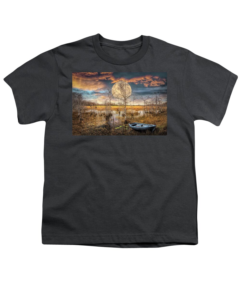 Boats Youth T-Shirt featuring the photograph Floating Under the Full Moon by Debra and Dave Vanderlaan