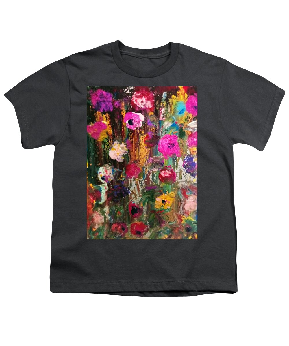 Flowers Fusion Pink Youth T-Shirt featuring the painting Flower Fusion by Anna Adams