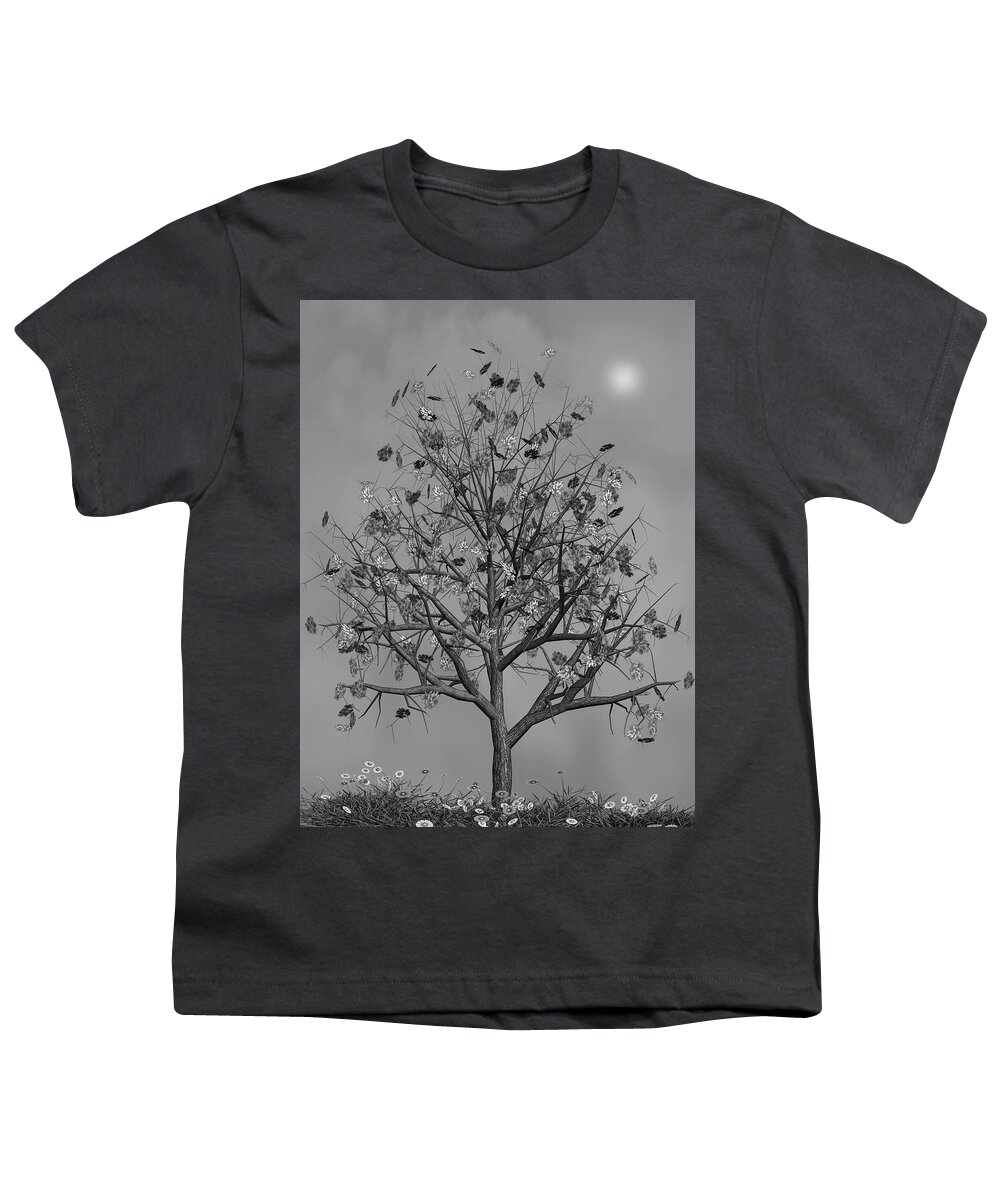Autumn Youth T-Shirt featuring the mixed media Flowers Beneath The Autumn Tree Black and White by David Dehner