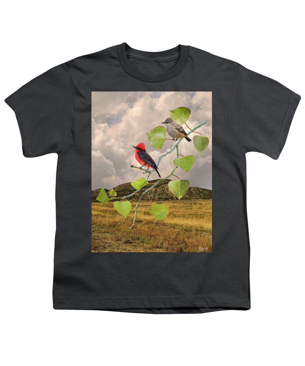 Birds Youth T-Shirt featuring the digital art Flycatchers and Cottonwood by M Spadecaller