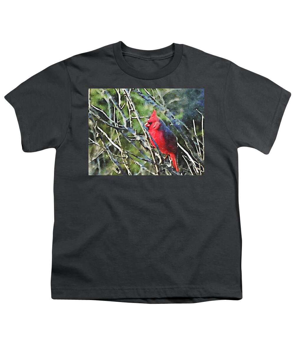 Redbird Youth T-Shirt featuring the mixed media Garden Redbird with Branches by Shelli Fitzpatrick