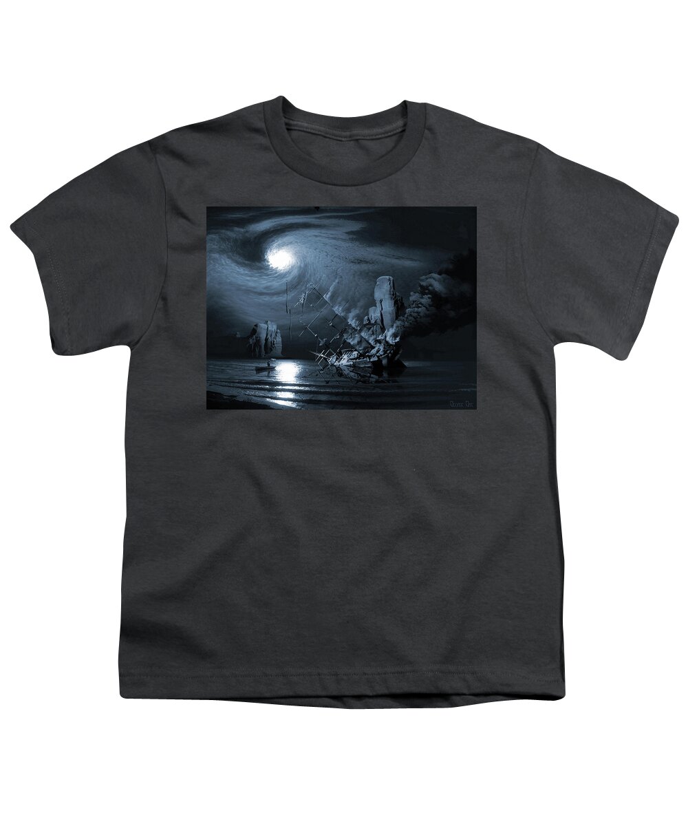 Legend Myth Saga Legend Boats Stories Fact Or Fiction Tall Tale Moonlight Vessel Yacht Phantom Flames Ocean Dark Examples Of Legends Examples Of Myths Youth T-Shirt featuring the digital art Ghost ship series The birth of the legend by George Grie