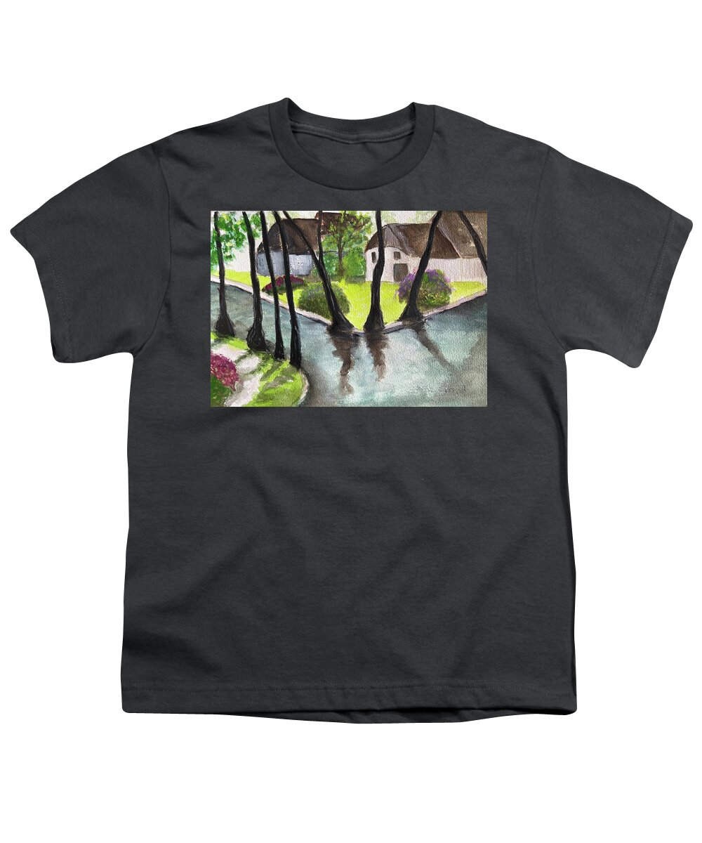 Netherlands Youth T-Shirt featuring the painting Giethoorn Netherlands Landscape by Roxy Rich