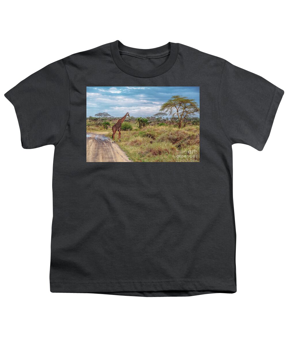 Africa Youth T-Shirt featuring the photograph Giraffe in Serengeti Plains by Lev Kaytsner
