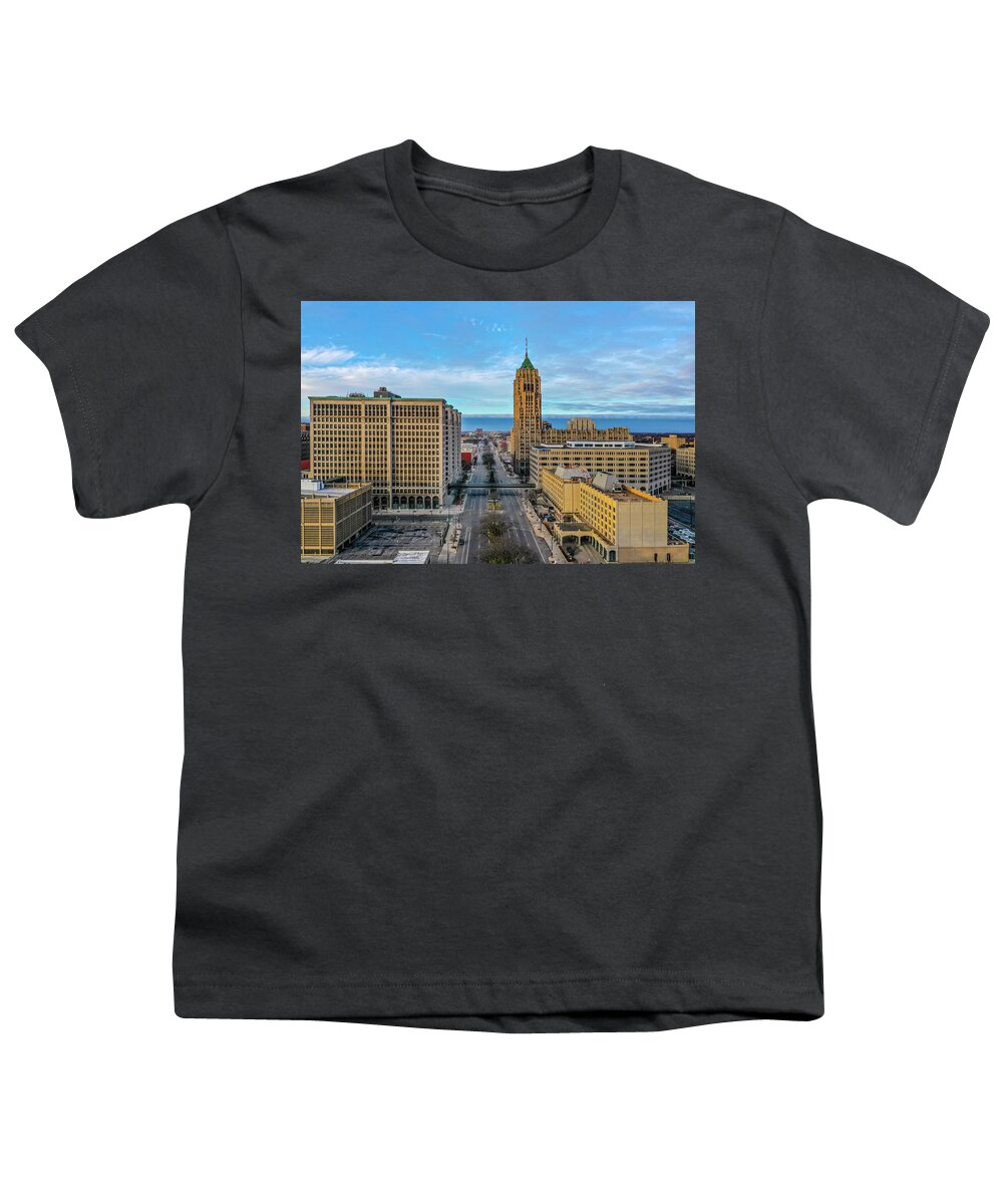 Detroit Youth T-Shirt featuring the photograph GM and the Fisher Building DJI_0825 by Michael Thomas