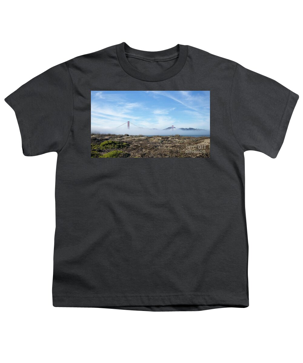 Golden Gate Bridge Youth T-Shirt featuring the photograph Golden Gate Rising from the Fog by Manuela's Camera Obscura