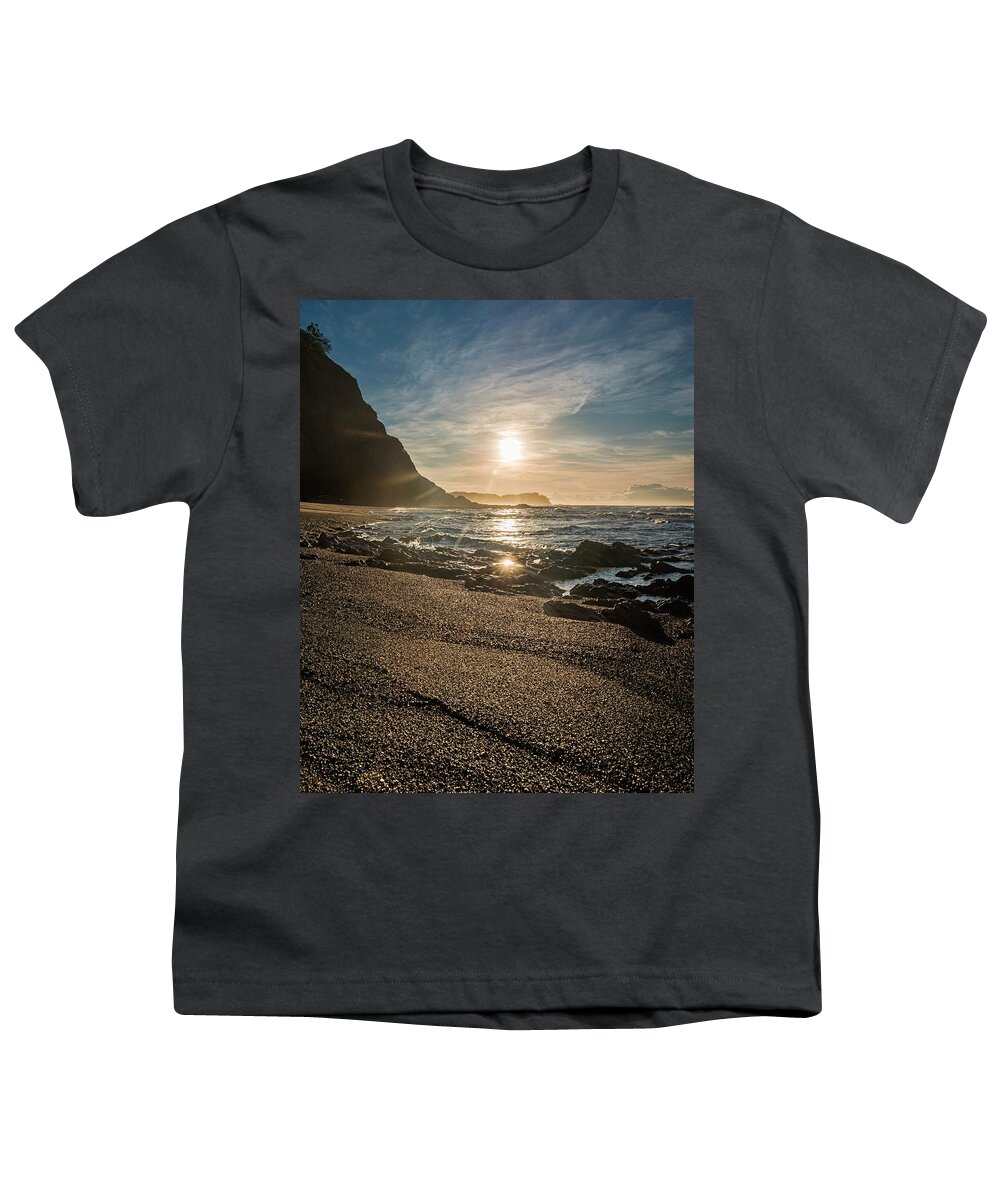 Central America Youth T-Shirt featuring the photograph Golden sunlight reflection on sand beach at Punta Samara by Henri Leduc