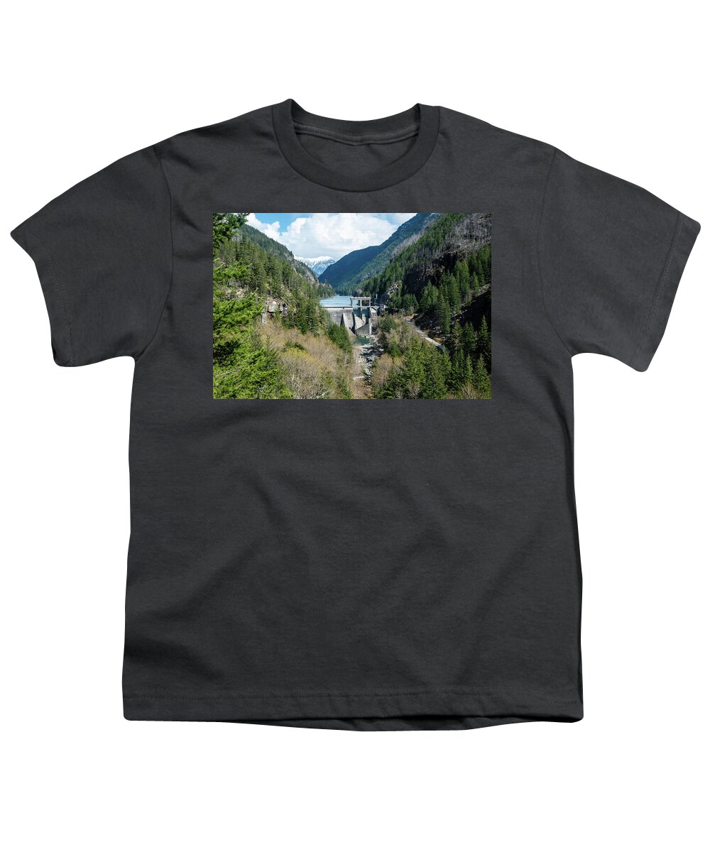 Gorge Dam And Dry River Bed Youth T-Shirt featuring the photograph Gorge Dam and Dry River Bed by Tom Cochran