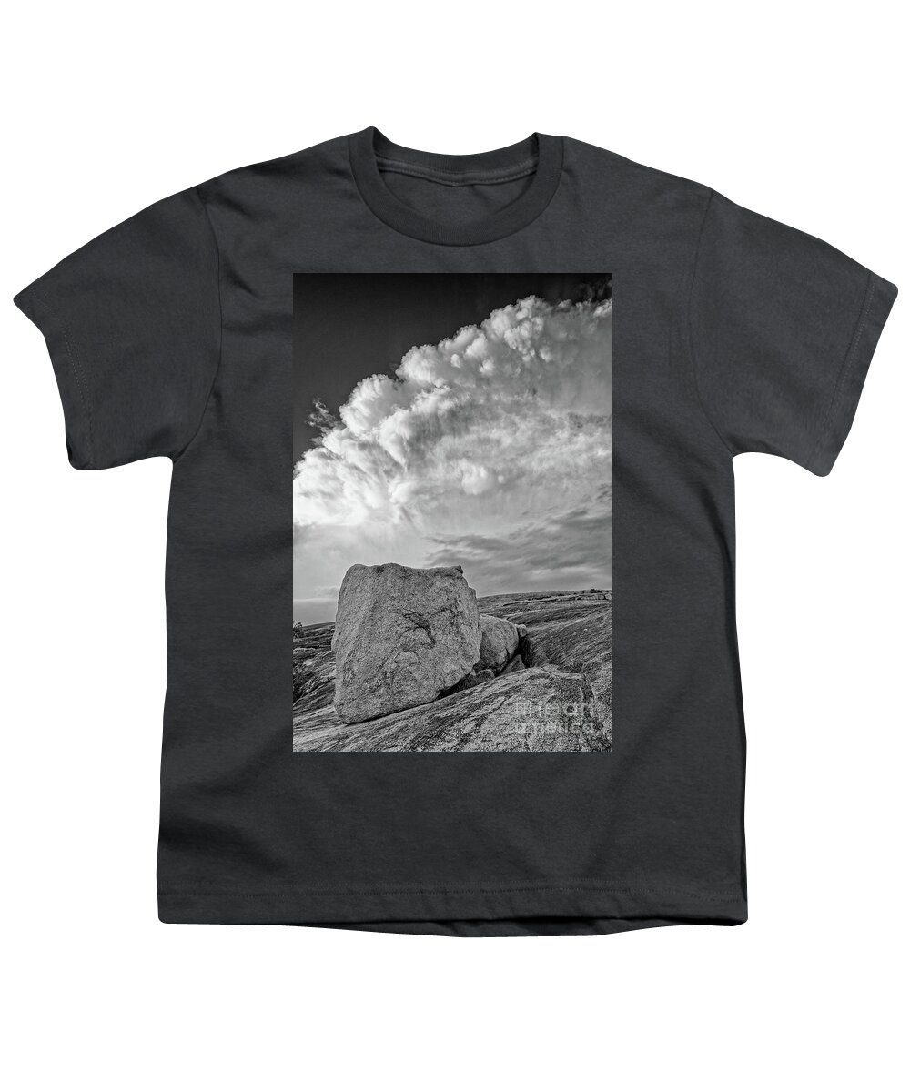 Enchanted Rock Youth T-Shirt featuring the photograph Granite Boulder Against a Storm Cell - Summit Trail Enchanted Rock State Natural Area - Texas by Silvio Ligutti
