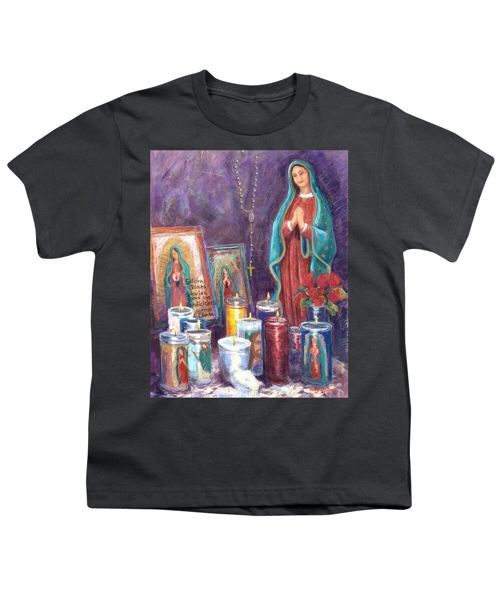 Guadalupe Youth T-Shirt featuring the pastel Guadalupe y Las Velas candles by Candy Mayer