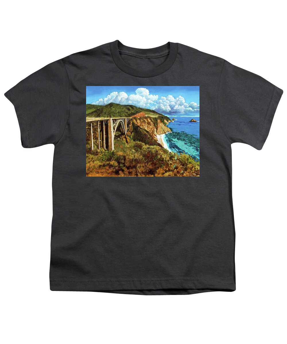 Highway One Youth T-Shirt featuring the painting Highway 1 Bridge by John Lautermilch