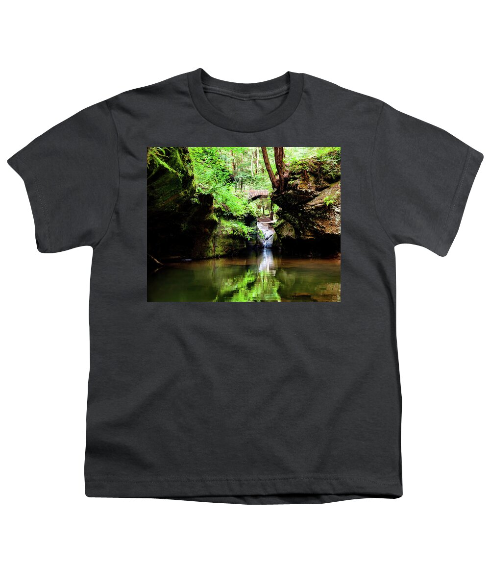 Waterfall Youth T-Shirt featuring the photograph Hocking Hills waterfall in the distance by Flees Photos