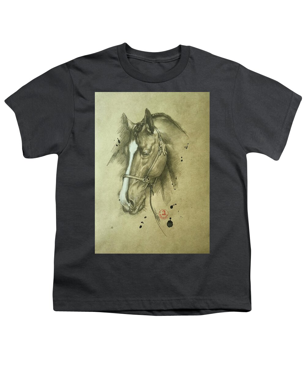Drawing Youth T-Shirt featuring the drawing Horse #22531 by Hongtao Huang