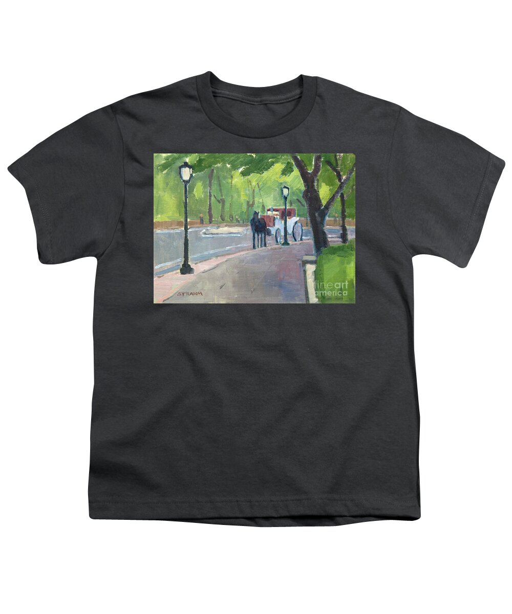 Horse Carriage Youth T-Shirt featuring the painting Horse Carriage in Central Park - New York City by Paul Strahm