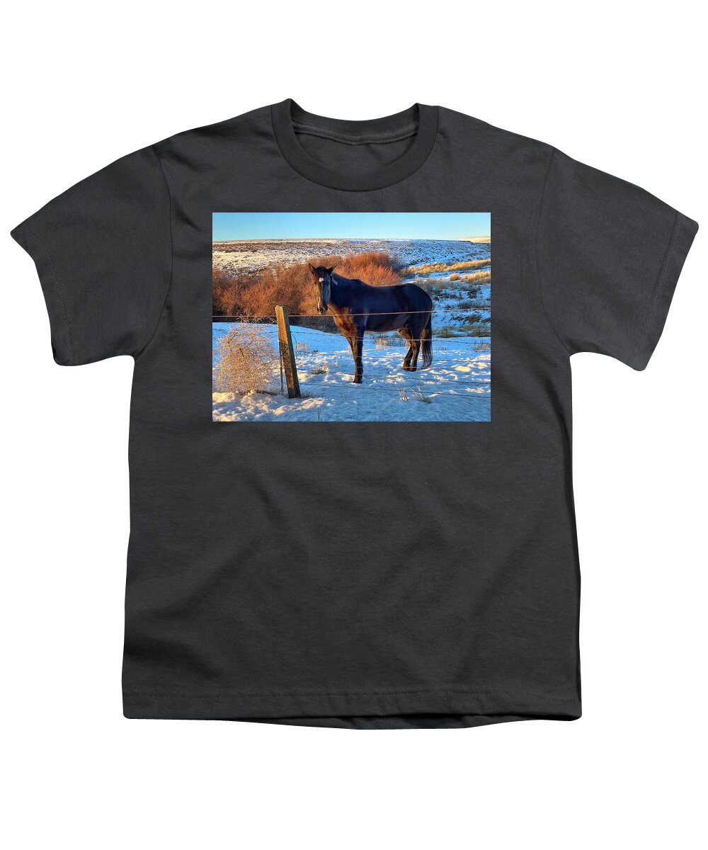 Horse Youth T-Shirt featuring the photograph Horse in Snow by Jerry Abbott