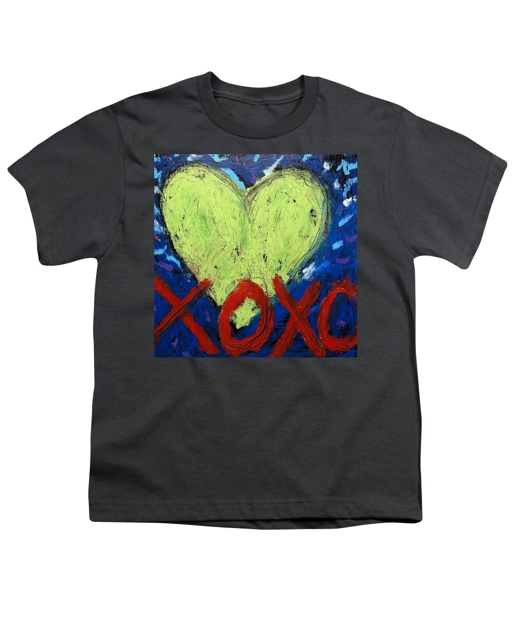 Xoxo Youth T-Shirt featuring the mixed media Hugs and Kisses with Green Heart by Lynda Zahn