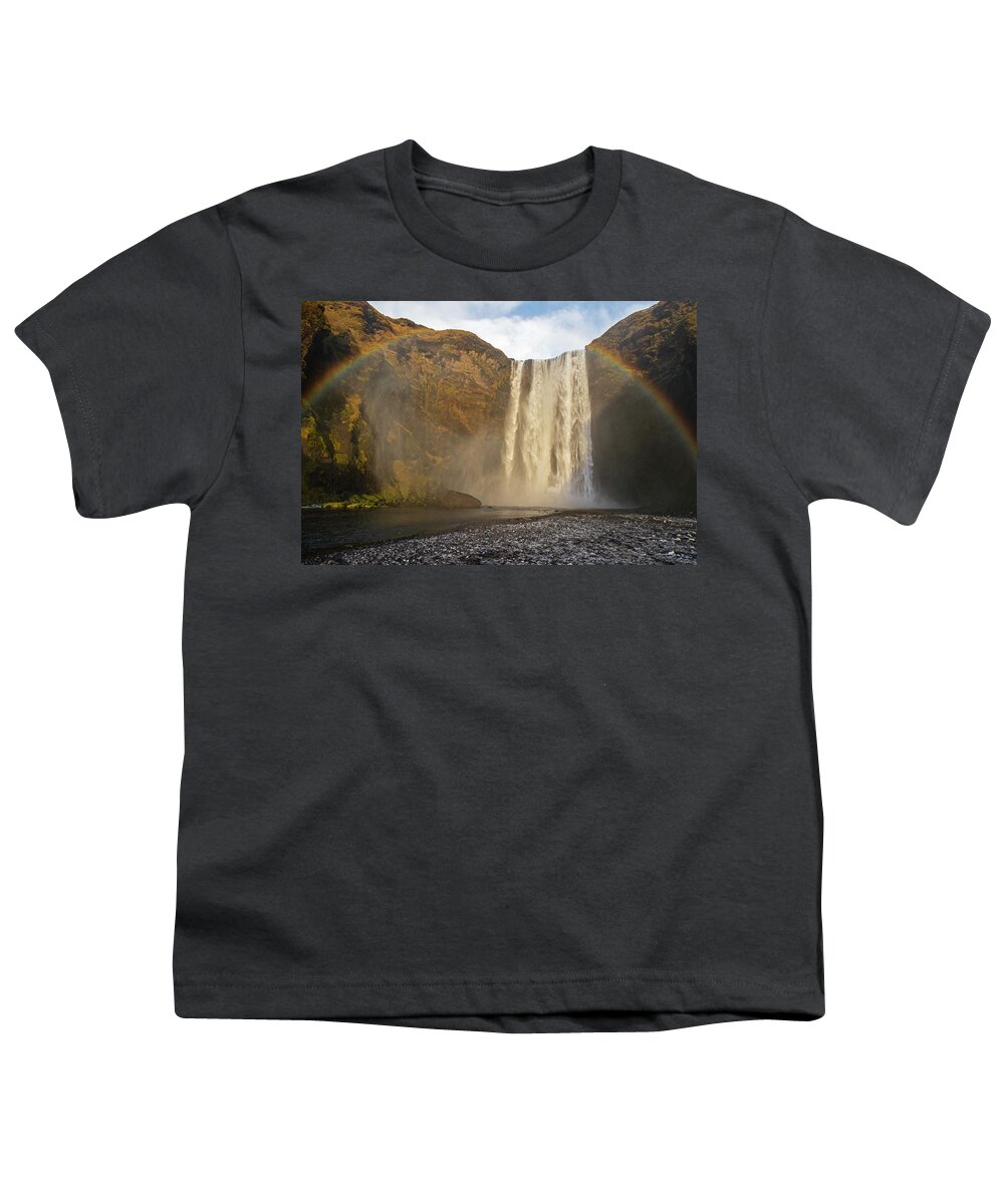 Iceland Youth T-Shirt featuring the photograph Iceland Skogafoss Full Rainbow Skogar Iceland Close by Toby McGuire