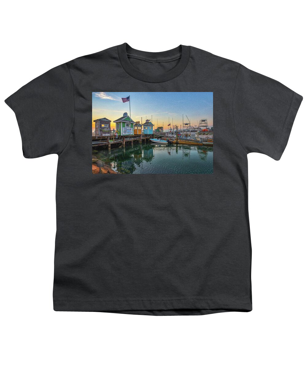Plymouth Harbor Youth T-Shirt featuring the photograph Iconic Plymouth Harbor Whale Watching Deep Sea Fishing Harbor Cruises Tickets Booths by Juergen Roth