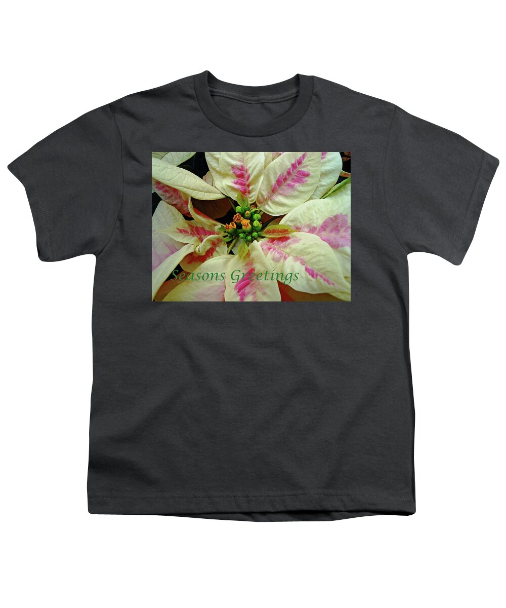 Ivory And Pink Pointsettia Merry Christmas Youth T-Shirt featuring the photograph Ivory And Pink Pointsettia Seasons Greetings by Debbie Oppermann