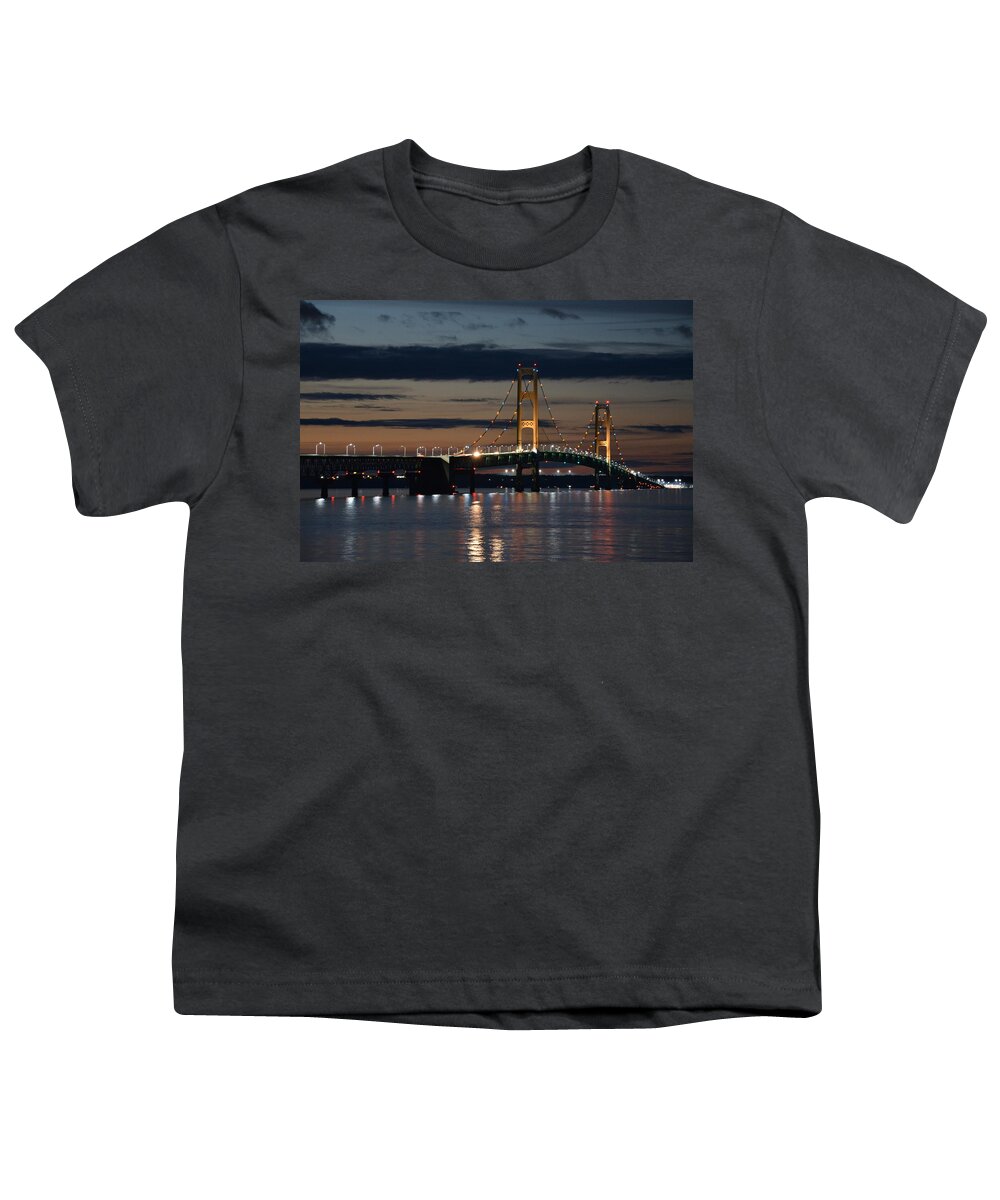 Mackinac Bridge Youth T-Shirt featuring the photograph July Evening in Mackinaw by Keith Stokes