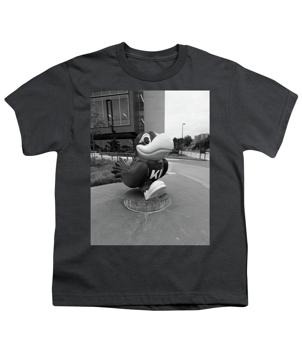Kansas Jayhawks Youth T-Shirt featuring the photograph Kansas Jayhawks statue in black and white by Eldon McGraw