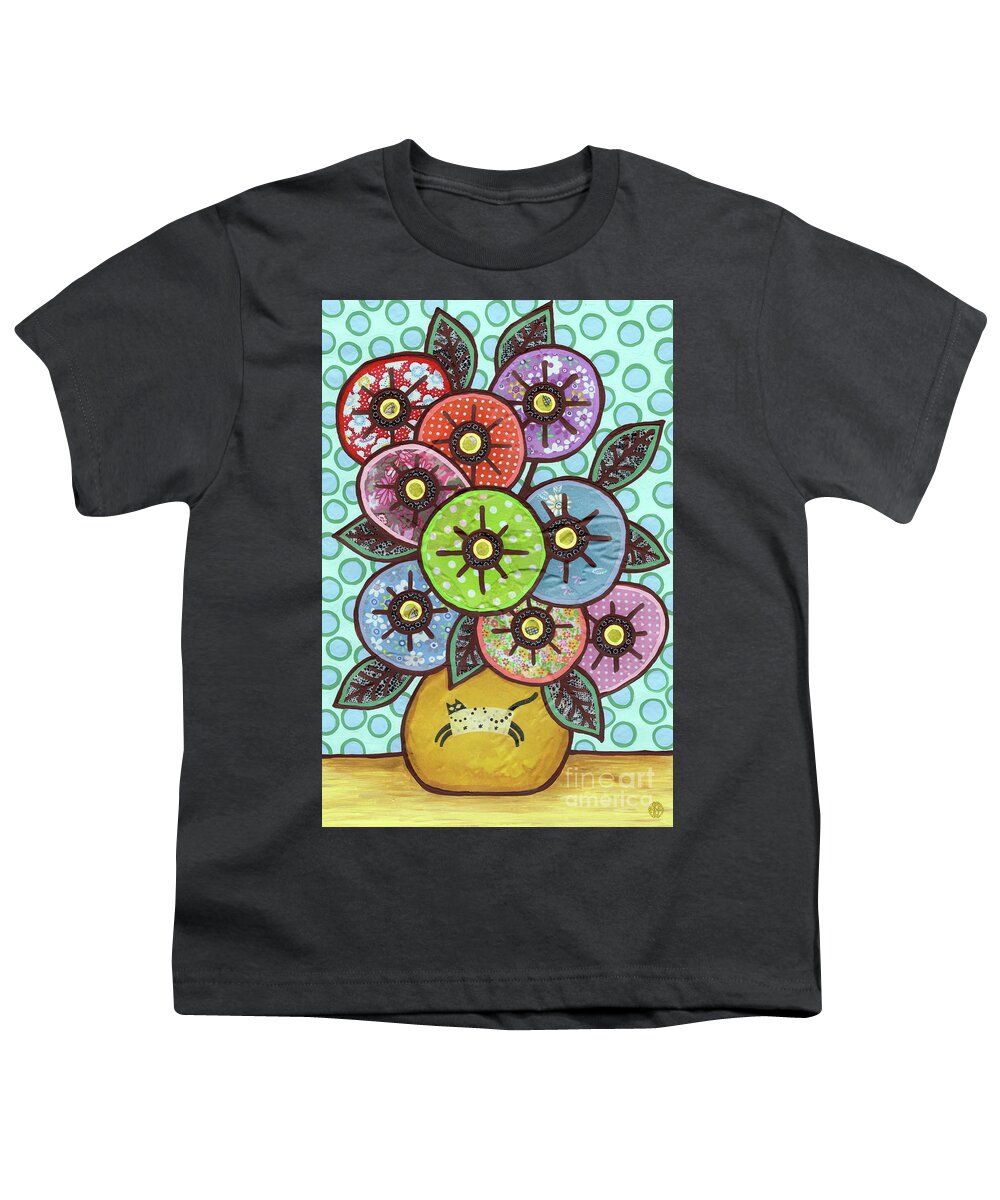 Flowers In A Vase Youth T-Shirt featuring the painting Kitty Cat Bouquet by Amy E Fraser