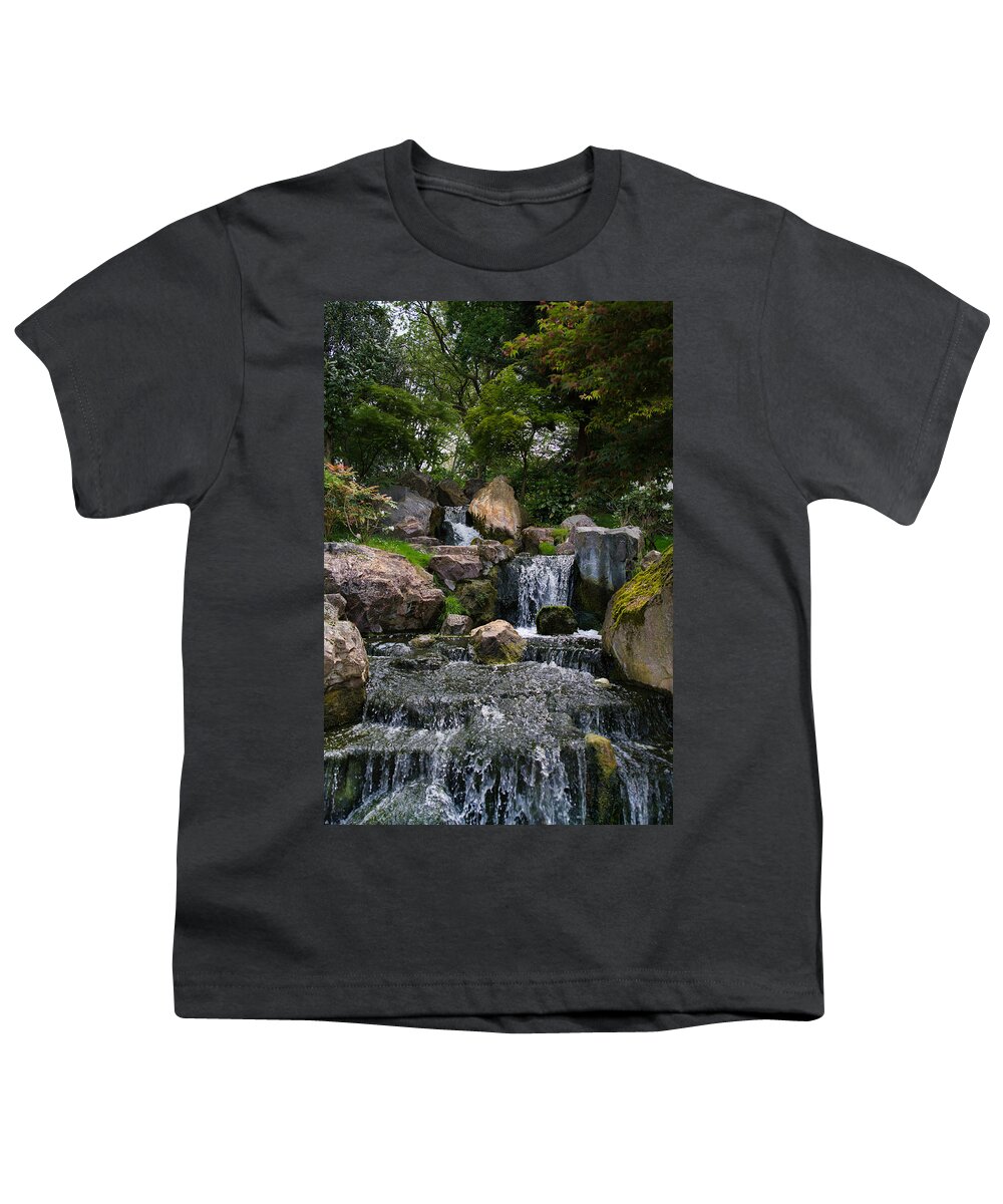 Kyoto Gardens Youth T-Shirt featuring the photograph Kyoto Japanese Garden Water Fall in Holland Park by Raymond Hill
