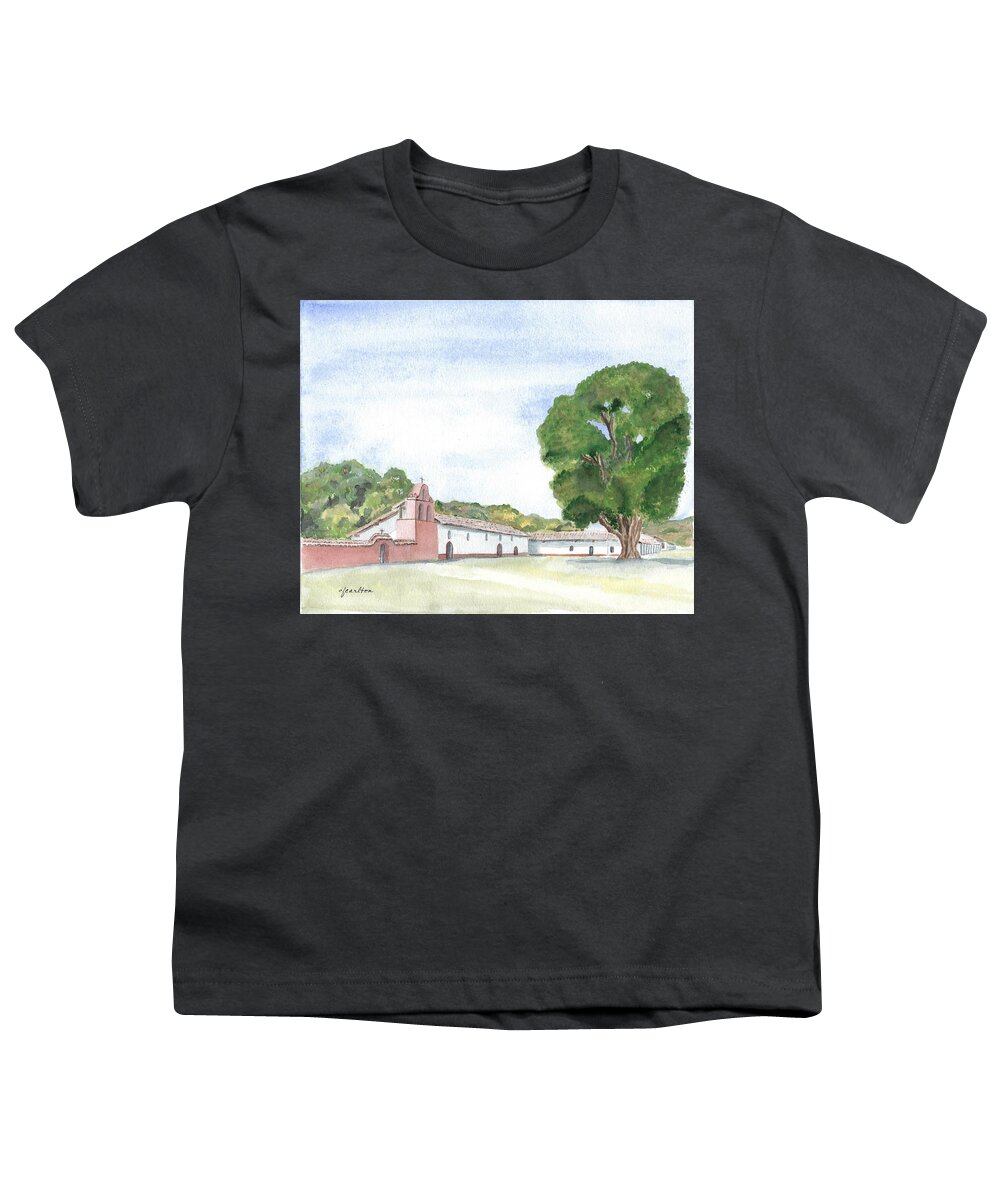 California Youth T-Shirt featuring the painting La Purisima Mission - Watercolor by Claudette Carlton