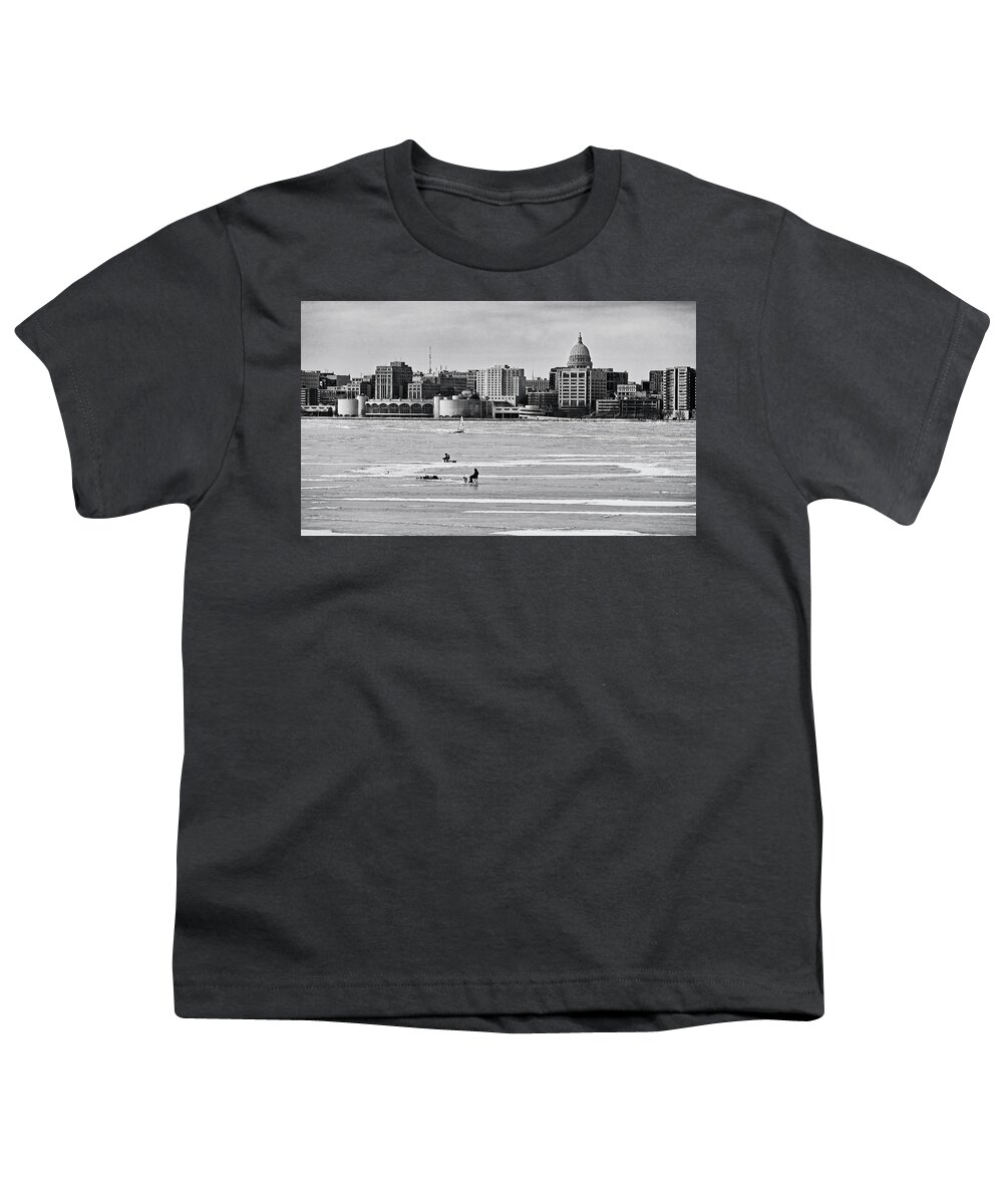 Madison Youth T-Shirt featuring the photograph Lake Monona, Madison, Wisconsin BW by Steven Ralser