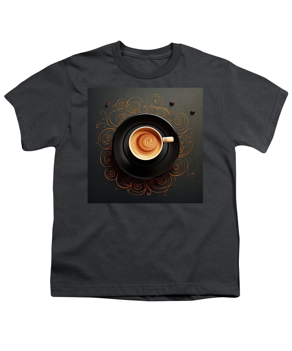Modern Coffee Art Youth T-Shirt featuring the painting Latte Impression - Black Kitchen Decor by Lourry Legarde