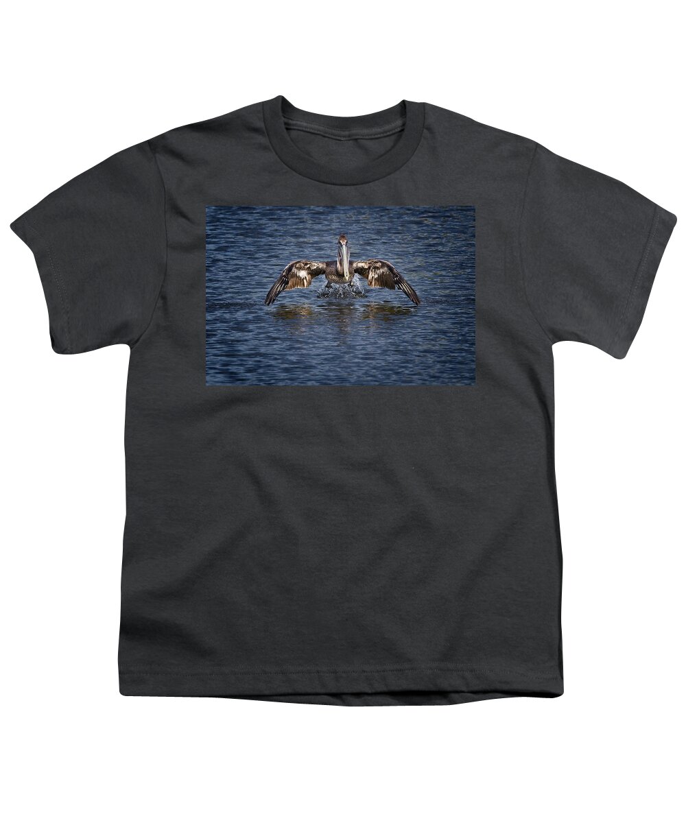 Brown Pelican Youth T-Shirt featuring the photograph Liftoff by Ronald Lutz