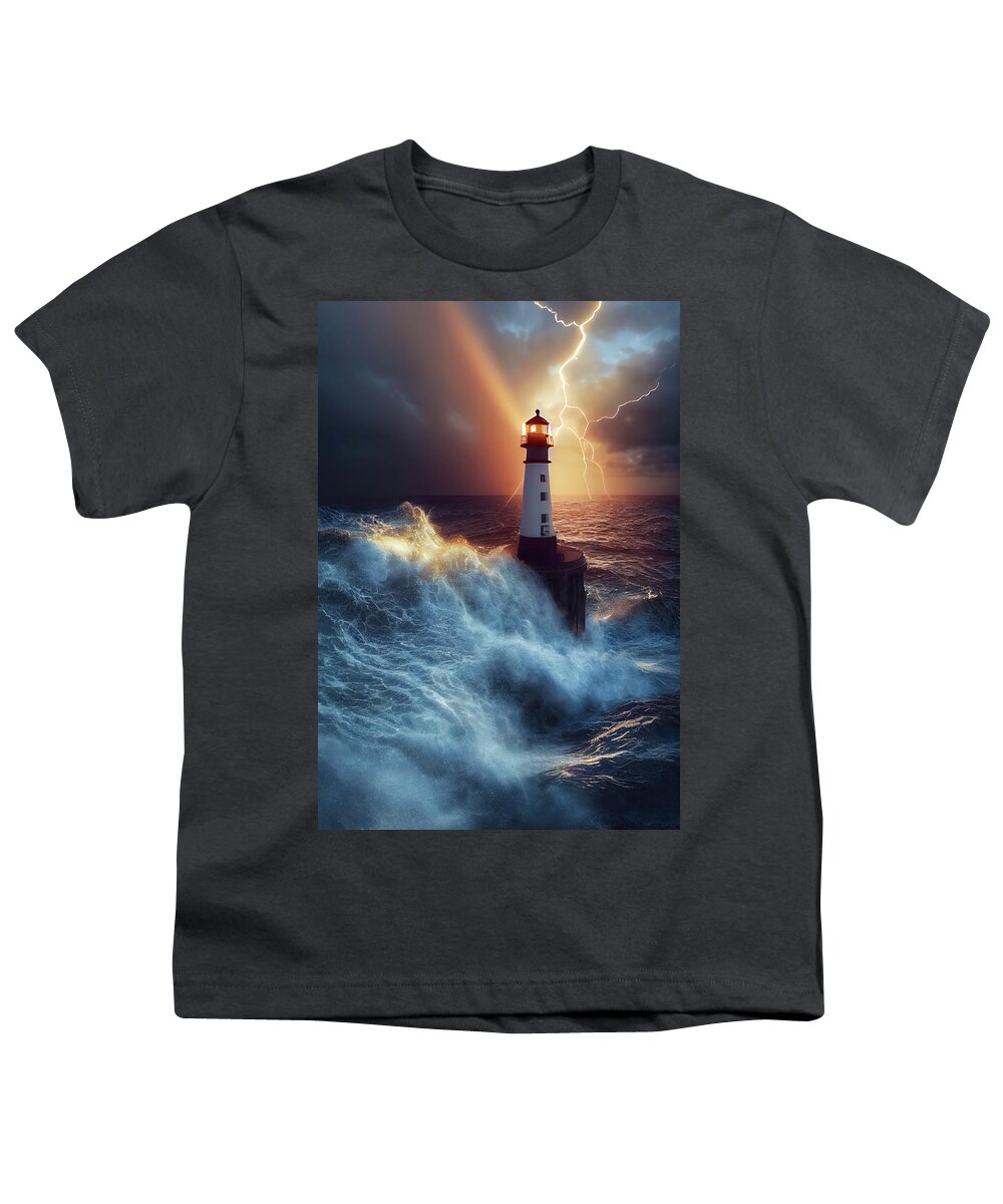 Lighthouse Youth T-Shirt featuring the digital art Lighthouse 07 Waves and Stormy Weather by Matthias Hauser