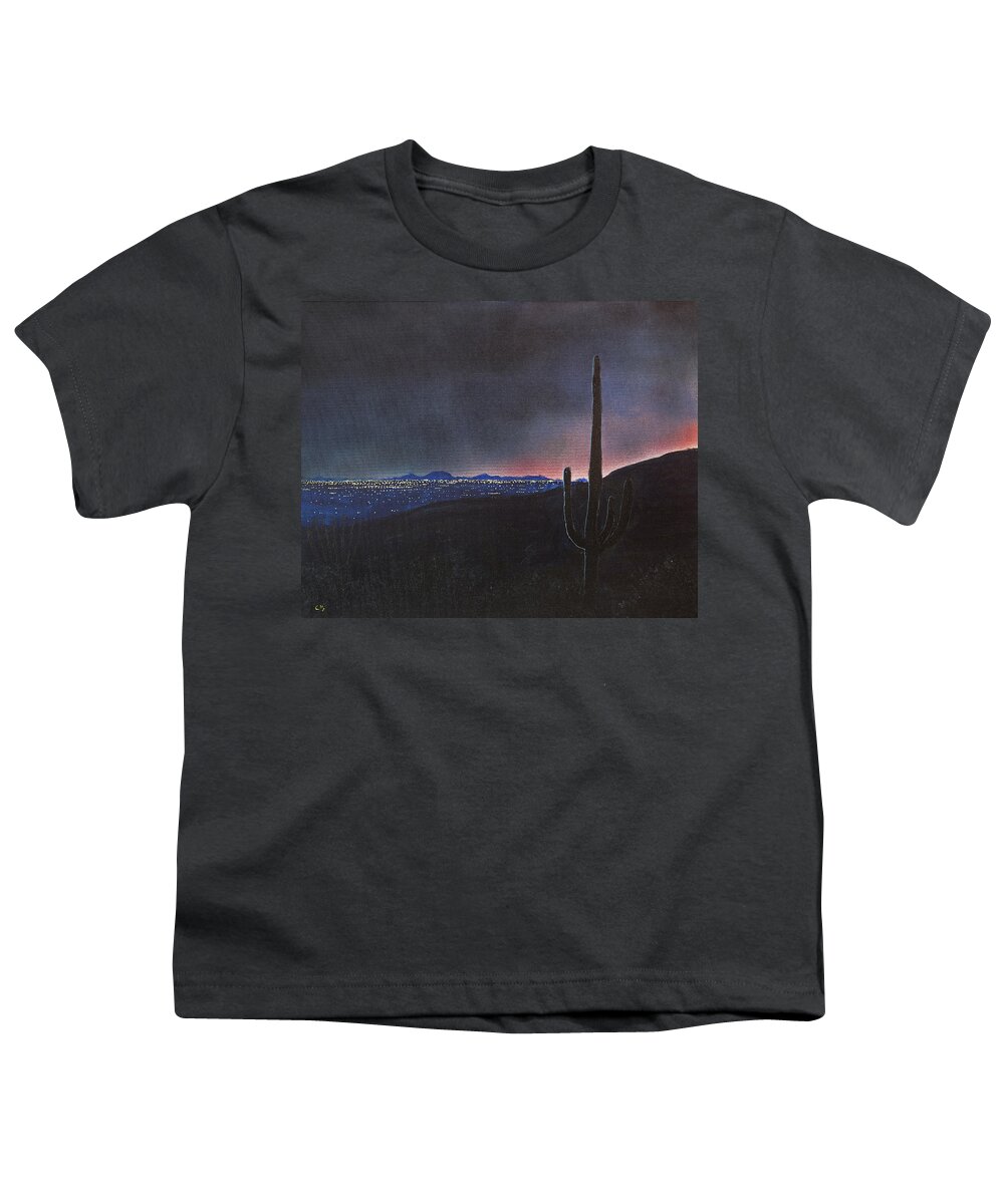 Tucson Youth T-Shirt featuring the painting Lights of Tucson, Arizona with Saguaro Cactus by Chance Kafka