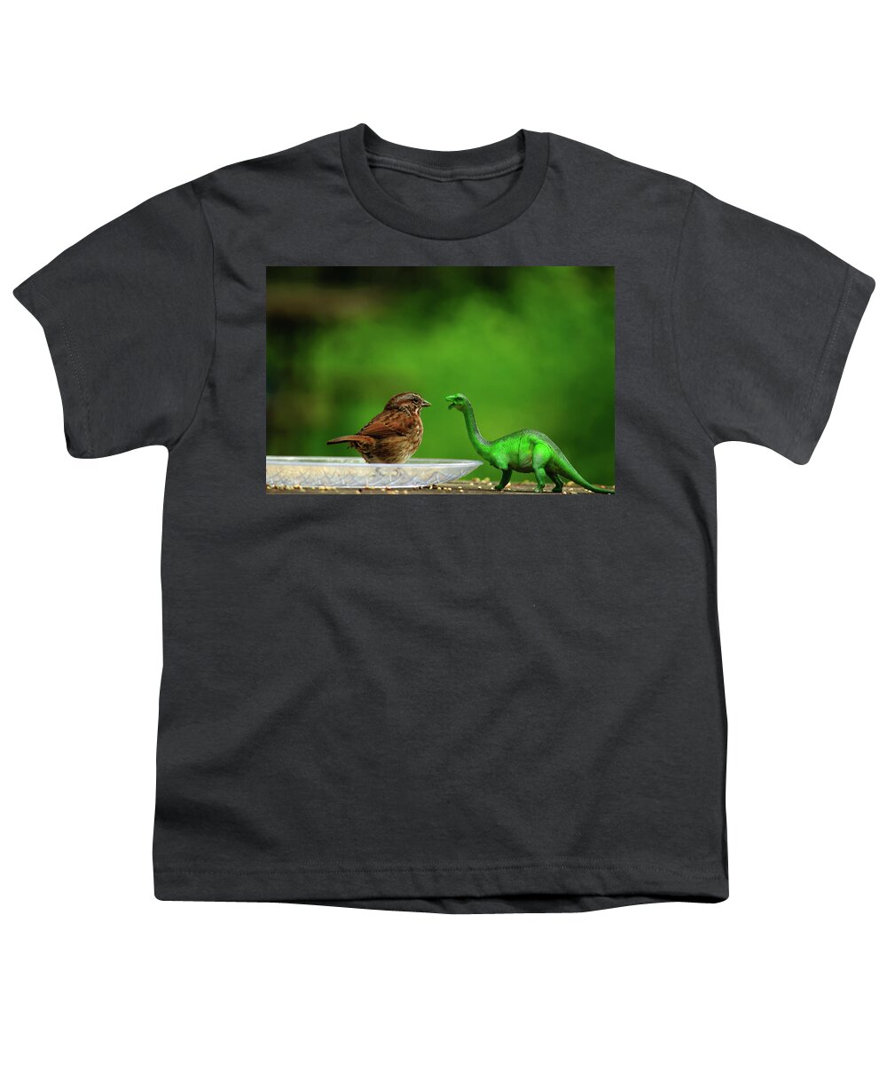 Songbird Youth T-Shirt featuring the photograph Little Bird Meets Dino by Tikvah's Hope
