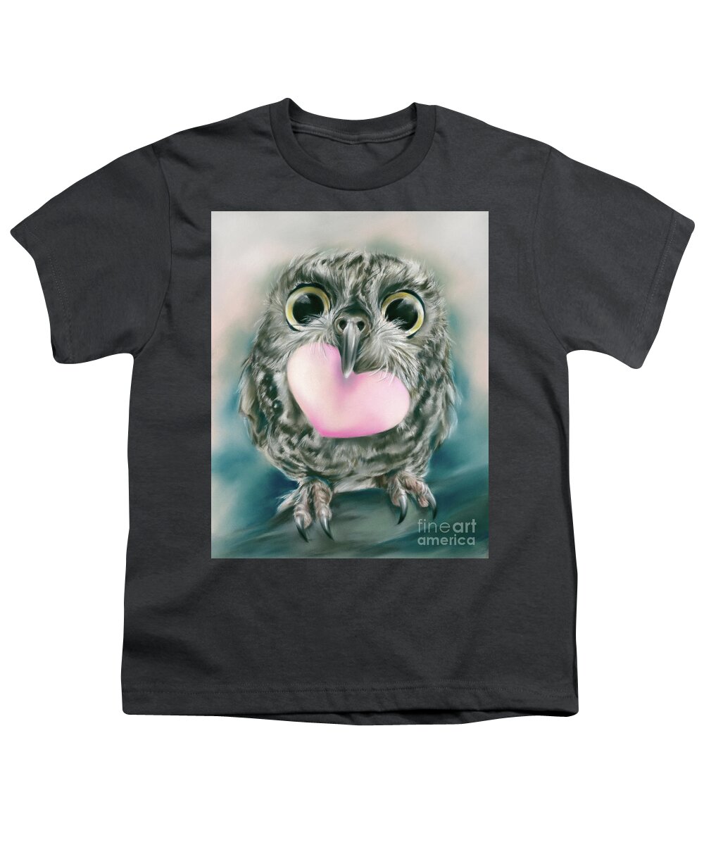 Bird Youth T-Shirt featuring the painting Little Owl with Big Eyes and Valentine Heart by MM Anderson