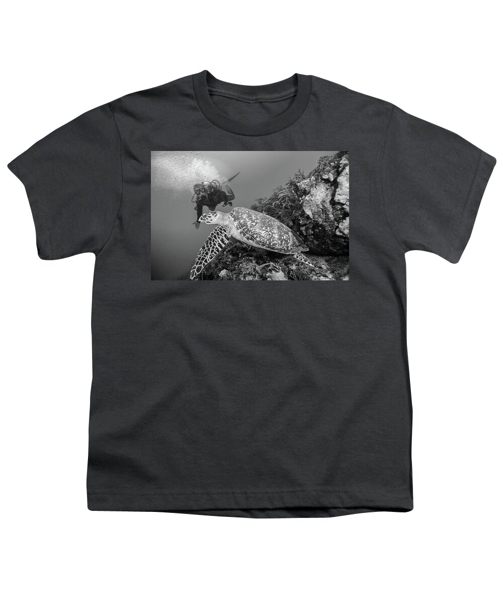 Black Youth T-Shirt featuring the photograph Loggerhead Turtle and Diver Black and White by Debra and Dave Vanderlaan