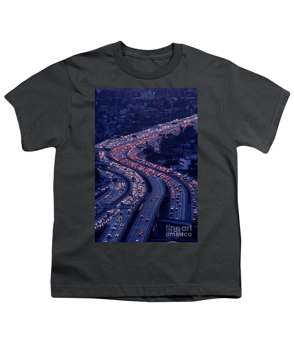 Aerial Youth T-Shirt featuring the photograph Los Angeles highway traffic at night by Ken Biggs