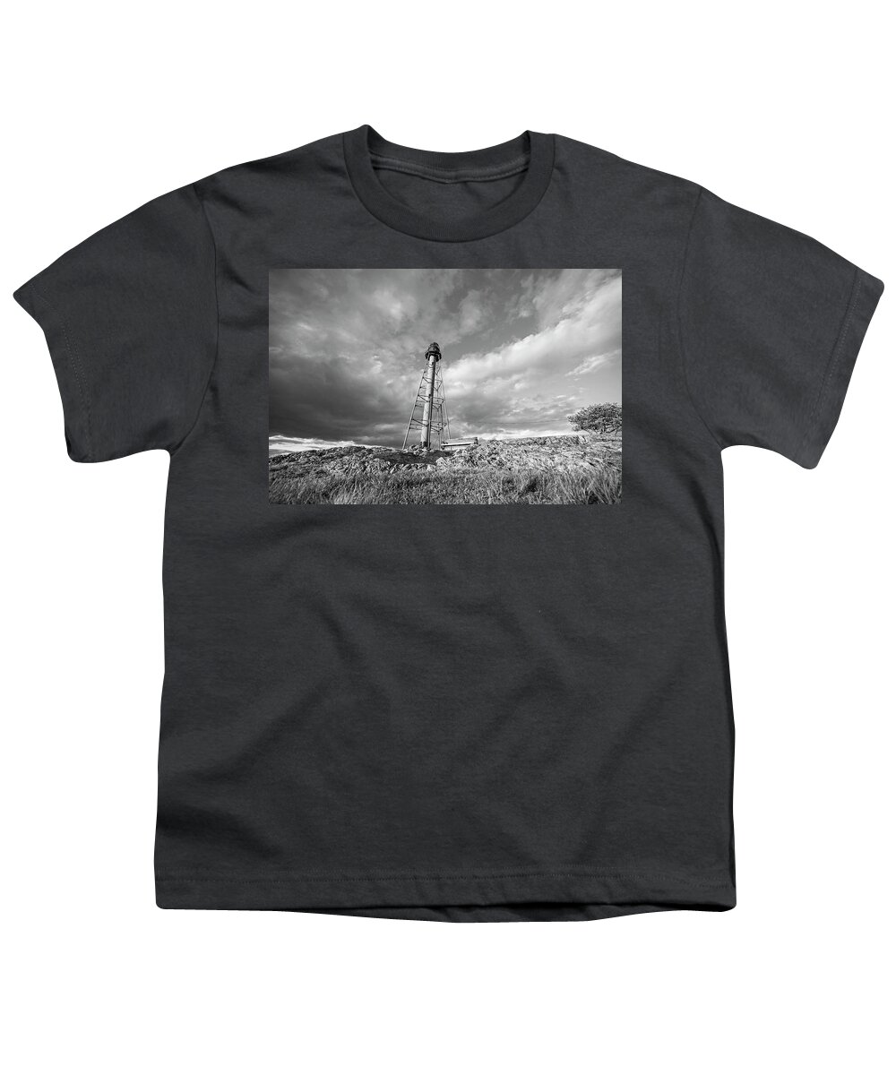 Marblehead Light Tower Youth T-Shirt featuring the photograph Mablehead Light Tower Marblehead Neck Black and White by Toby McGuire