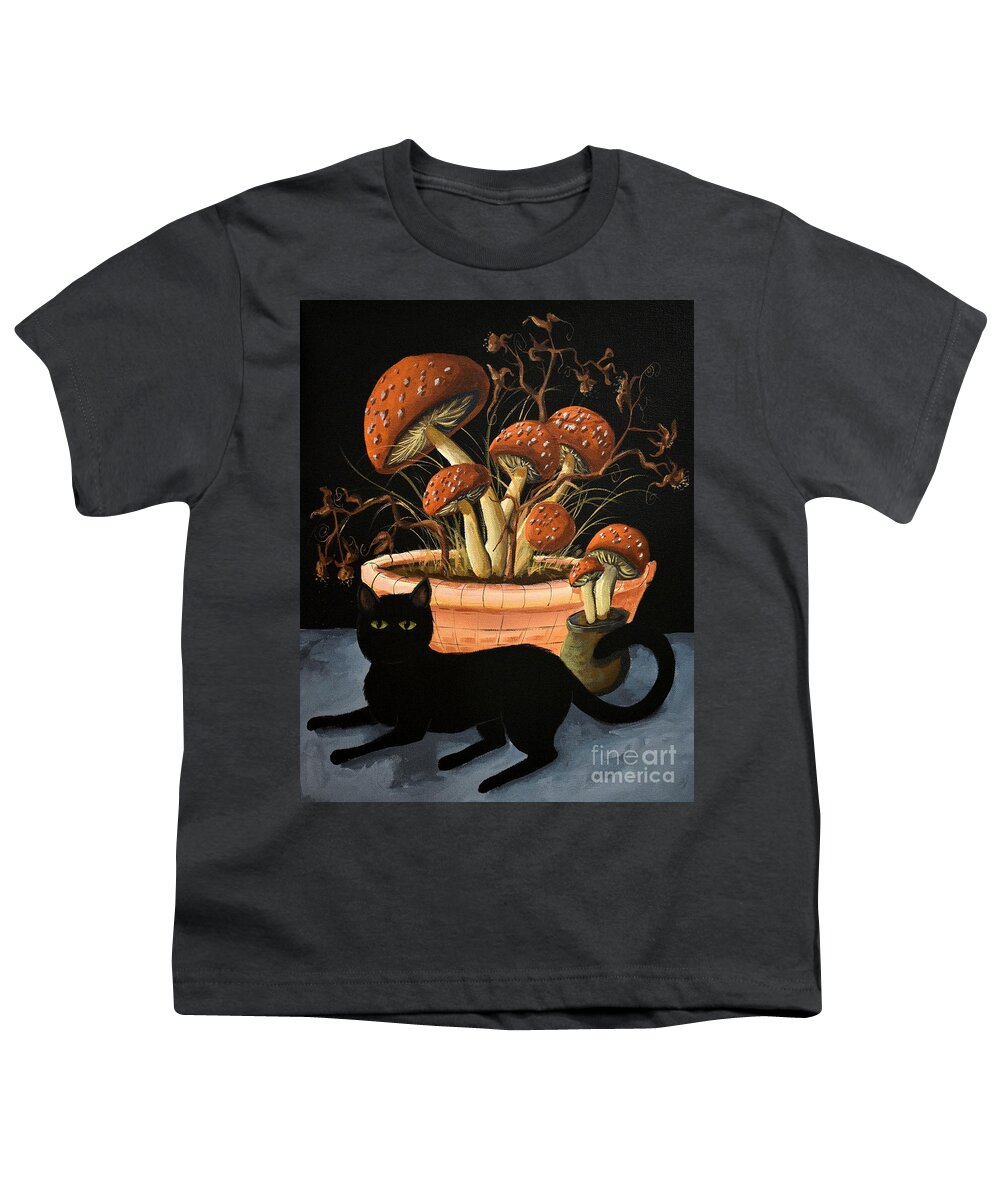 Mushroom Youth T-Shirt featuring the painting Magic Mood  cat mushrooms by Debbie Criswell